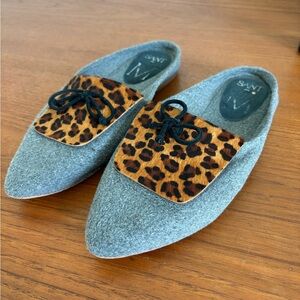 Sant M Cortina Mules Leopard Print Pony Hair Gray Slip On Pointed Shoes size 39